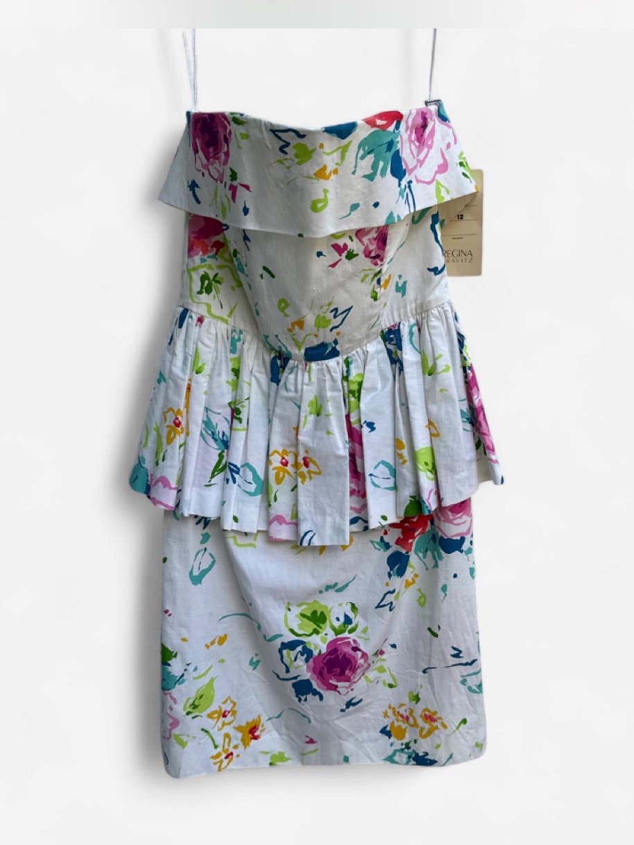 Net: Vintage White Floral Strapless Tiered Dress